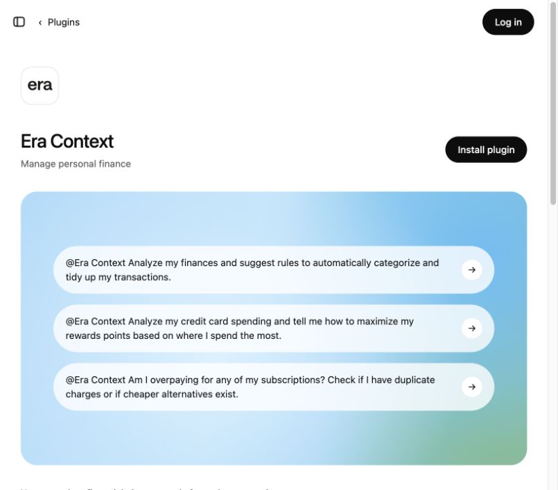 Era Context’s public listing in ChatGPT, with the Install plugin button.