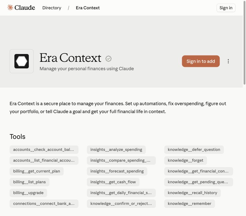 Era Context’s public listing in Claude, with the Sign in to add button.