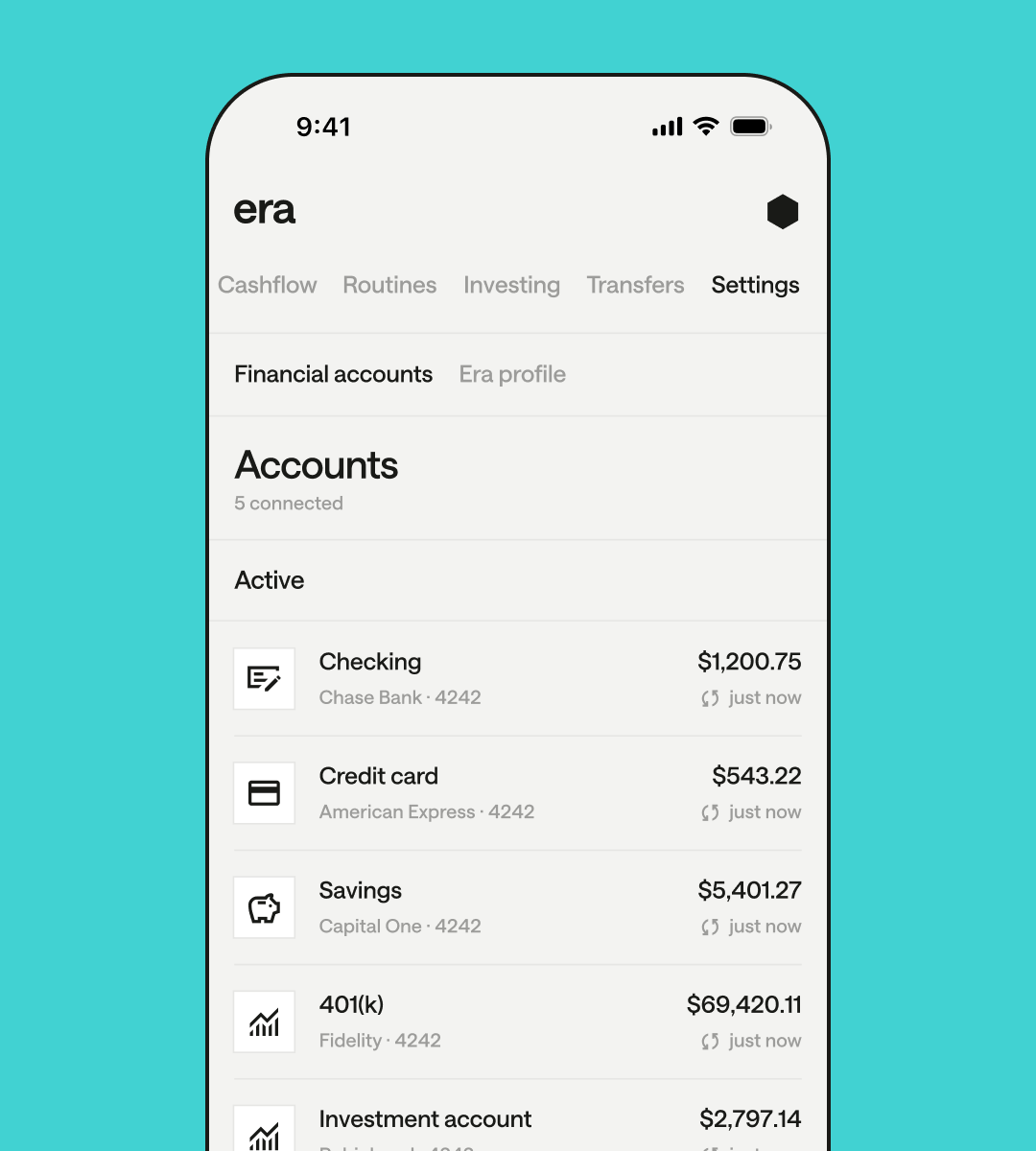 A mobile banking app interface displays the “Settings” tab, showing a list of connected financial accounts under the “Accounts” section. The app lists a checking account, credit card, savings account, 401(k), and an investment account, each displaying the last updated time and an obscured balance.